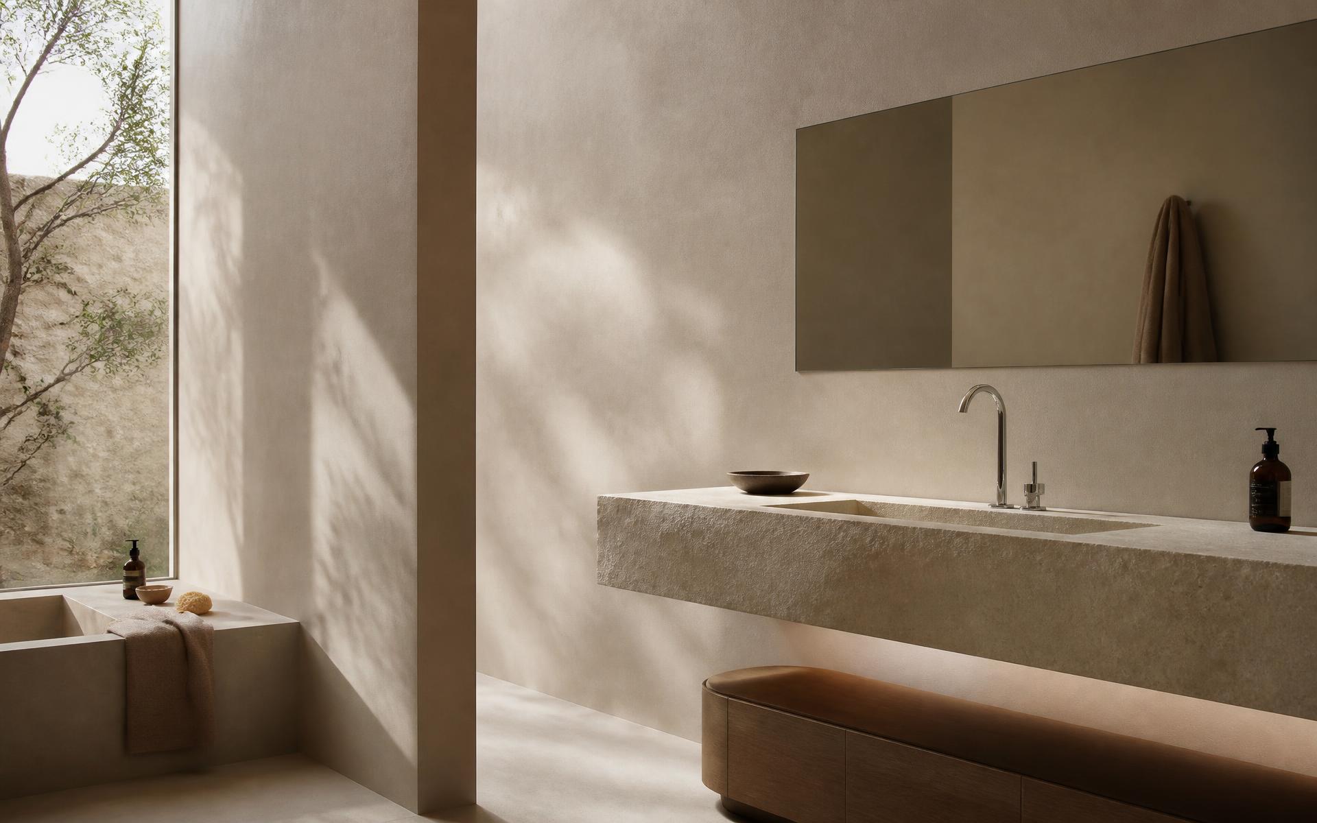 Salle de bain minimaliste en pierre naturelle avec baignoire et vasque