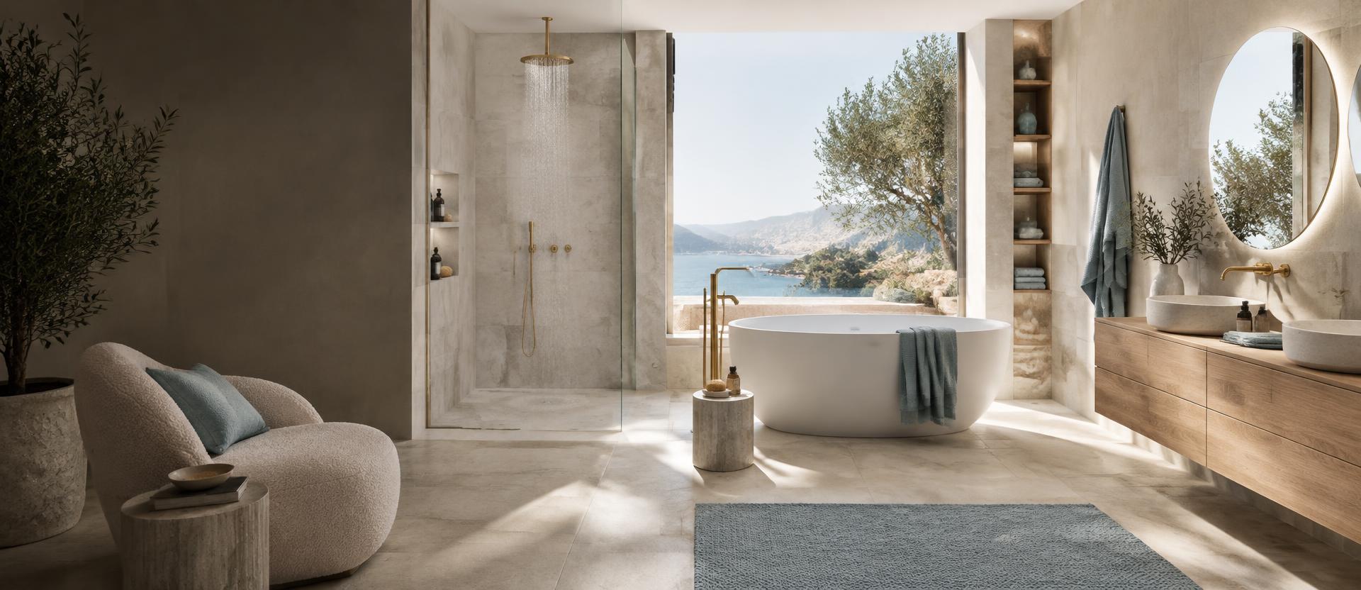 Salle de bain lumineuse avec baignoire îlot, douche et meuble vasque